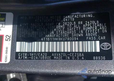 2019 Toyota Camry Se z USA, uszkodzony, nr VIN 4T1B11HK8KU780094